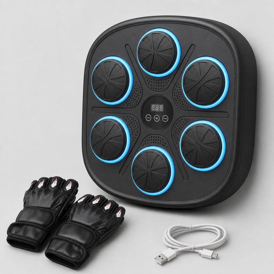 PrimeBuild Smart Music Boxing Trainer in black with six blue-lit strike pads, black training gloves and white USB cable