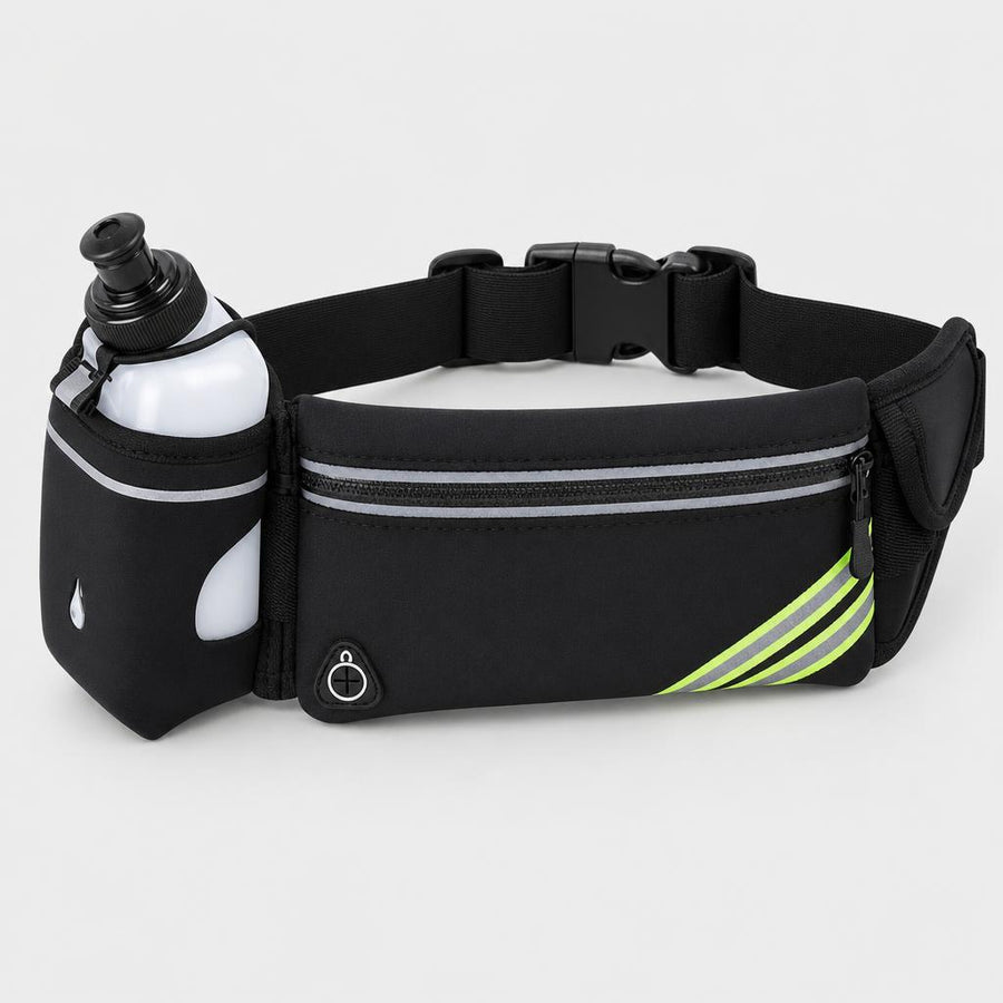 Black PrimeBuild Hydration Running Belt with zippered pouch, headphone port, gray and green reflective stripes and a bottle