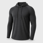 PrimeBuild Men's Quick-Dry Hooded Training Shirt in black, angled front view showing the drawstring hood and raglan sleeves