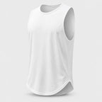 PrimeBuild Men's Quick-Dry Running Tank in white, angled front view showing the crew neckline, open armholes and curved hem