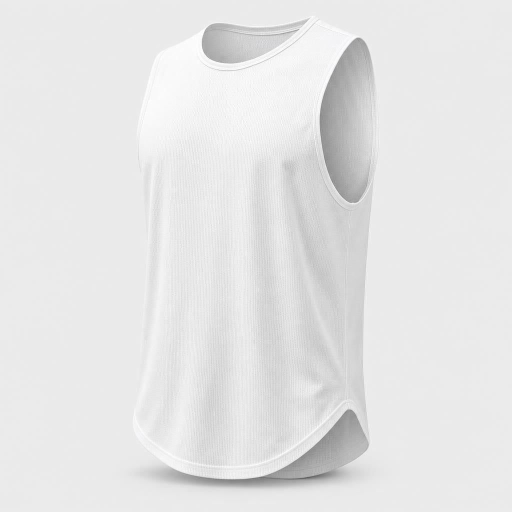 PrimeBuild Men's Quick-Dry Running Tank in white, angled front view showing the crew neckline, open armholes and curved hem