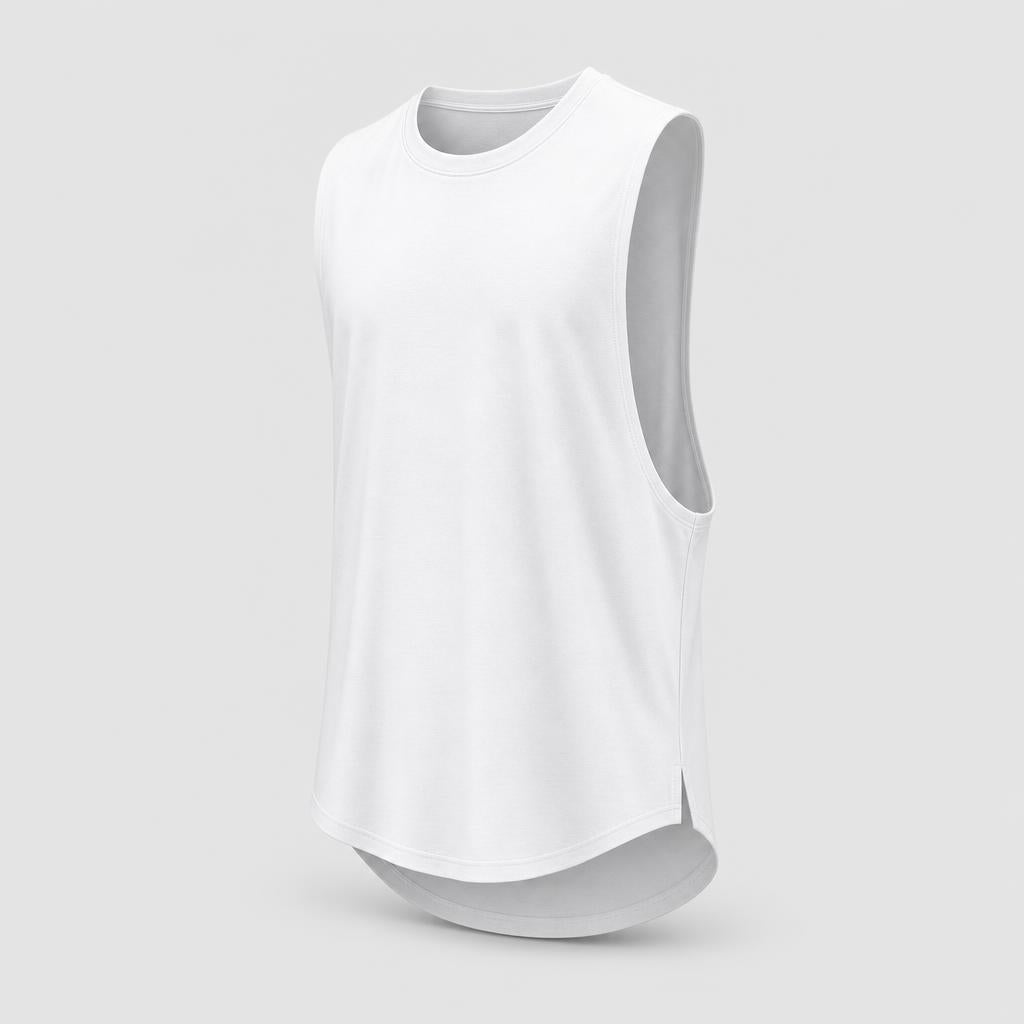PrimeBuild Men's Stringer Gym Tank in white with crew neck, deep-cut armholes and a longer curved hem