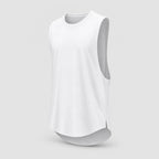 PrimeBuild Men's Stringer Gym Tank in white with crew neck, deep-cut armholes and a longer curved hem