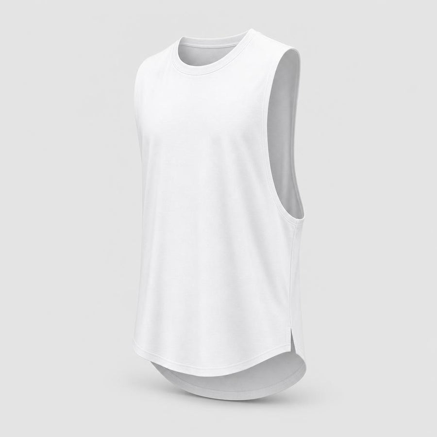 PrimeBuild Men's Stringer Gym Tank in white with crew neck, deep-cut armholes and a longer curved hem