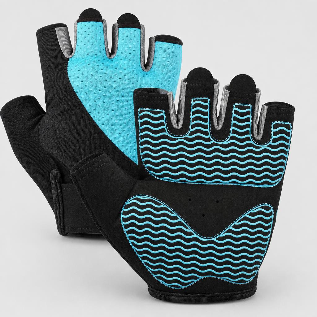 PrimeBuild Women's Workout Gloves in black and light blue, showing the mesh back and wavy silicone grip palm