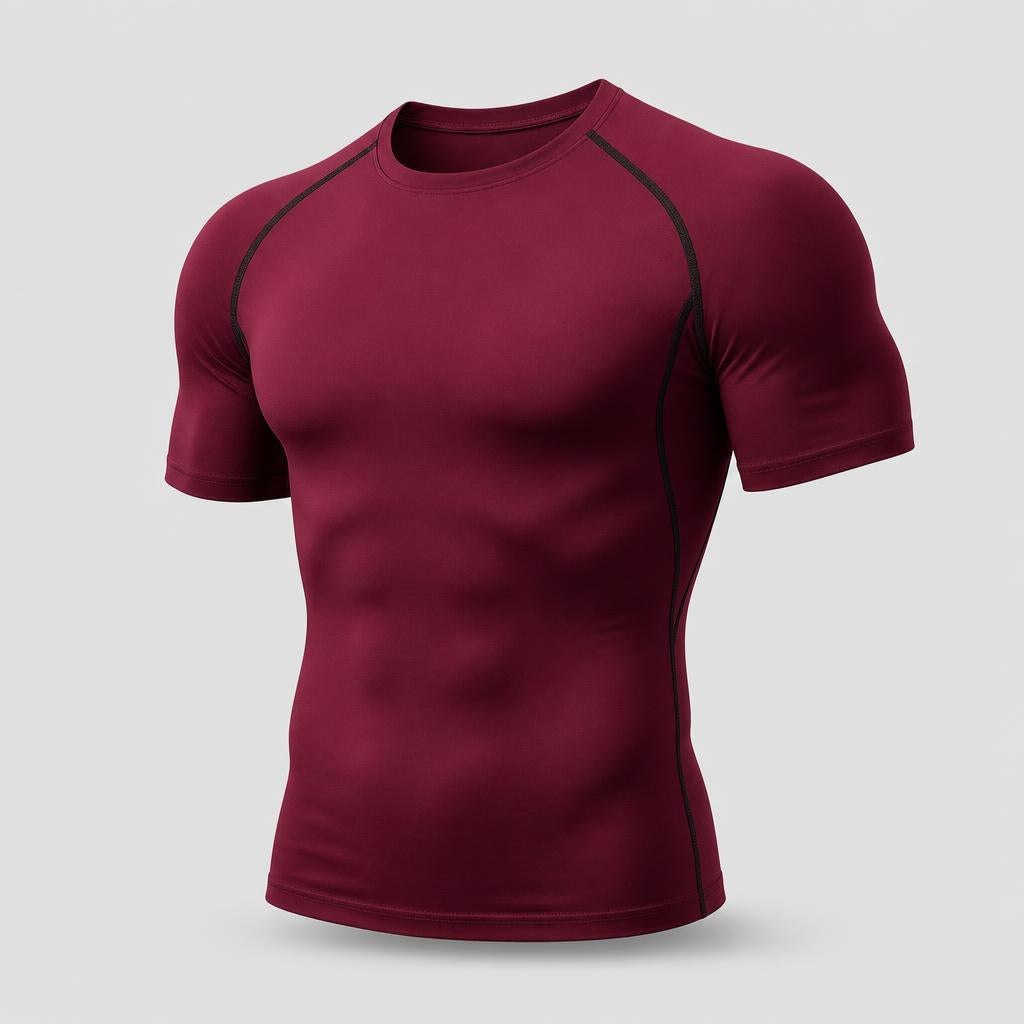 PrimeBuild Men's Compression Training Shirt in Wine Red, angled view with crew neck and dark contrast raglan seams