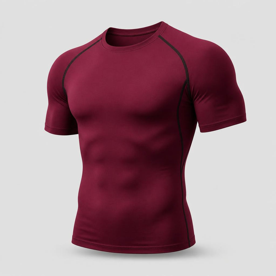 PrimeBuild Men's Compression Training Shirt in Wine Red, angled view with crew neck and dark contrast raglan seams