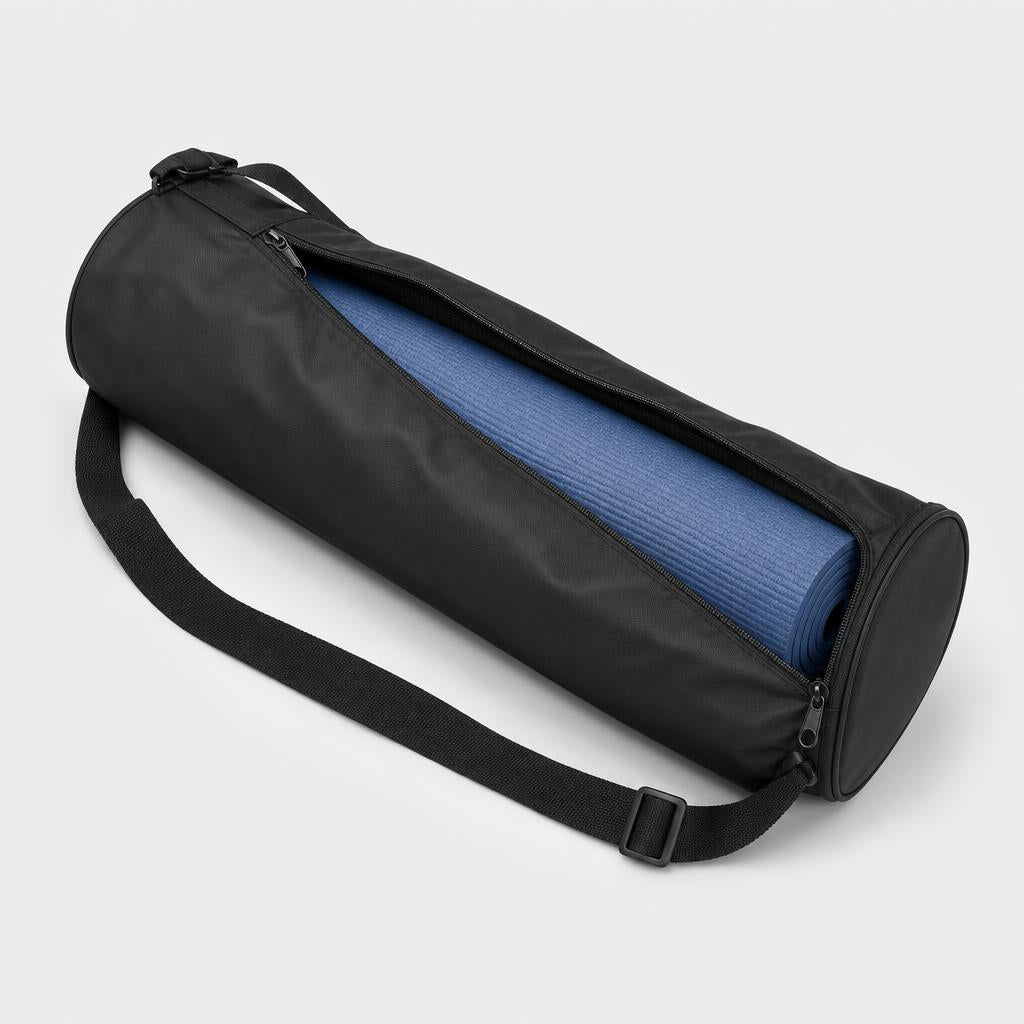 PrimeBuild Yoga Mat Carry Bag in black, partly unzipped to show a rolled yoga mat inside, with shoulder strap