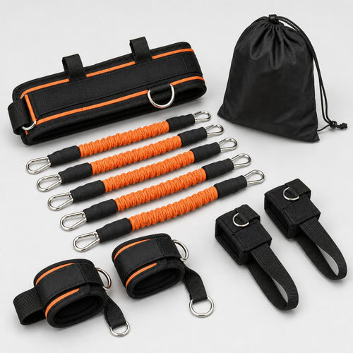 PrimeBuild Combat Resistance Training Set laid out: black and orange waist belt, 5 orange bands, straps and drawstring bag