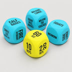 PrimeBuild Exercise Dice Set: three blue foam exercise dice and one yellow reps and time die on a light gray background