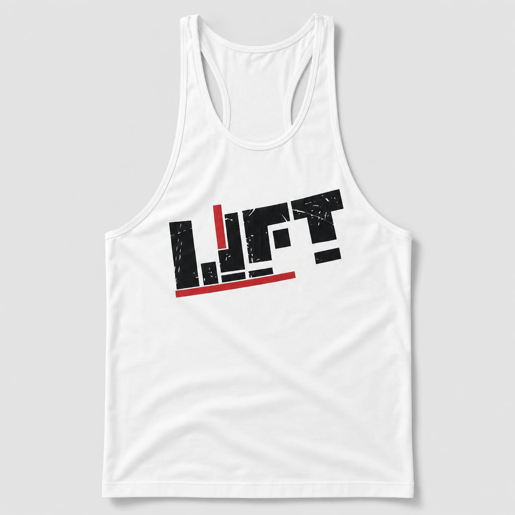 PrimeBuild Men's Bodybuilding Stringer Tank in white with a black and red LIFT chest graphic, front view
