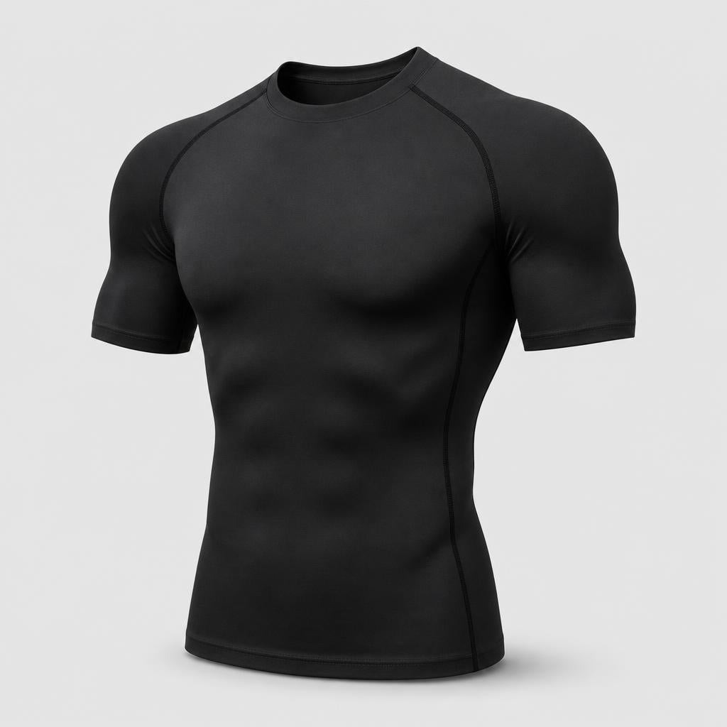 PrimeBuild Men's Compression Performance Shirt in black, crew neck with raglan short sleeves, angled front view