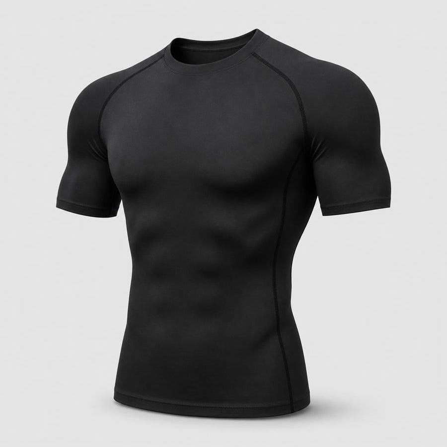 PrimeBuild Men's Compression Performance Shirt in black, crew neck with raglan short sleeves, angled front view