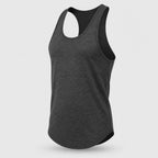 PrimeBuild Men's Quick-Dry Training Tank in dark heathered charcoal with racerback cut, scoop neck and curved hem