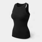 PrimeBuild Women's Ribbed Performance Tank in black, angled front view with ribbed knit, high round neck, cut-in shoulders