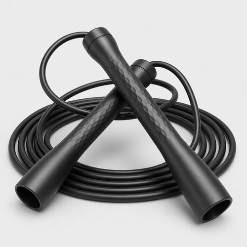 PrimeBuild Adjustable Speed Jump Rope in black, two textured handles crossed over the coiled cord