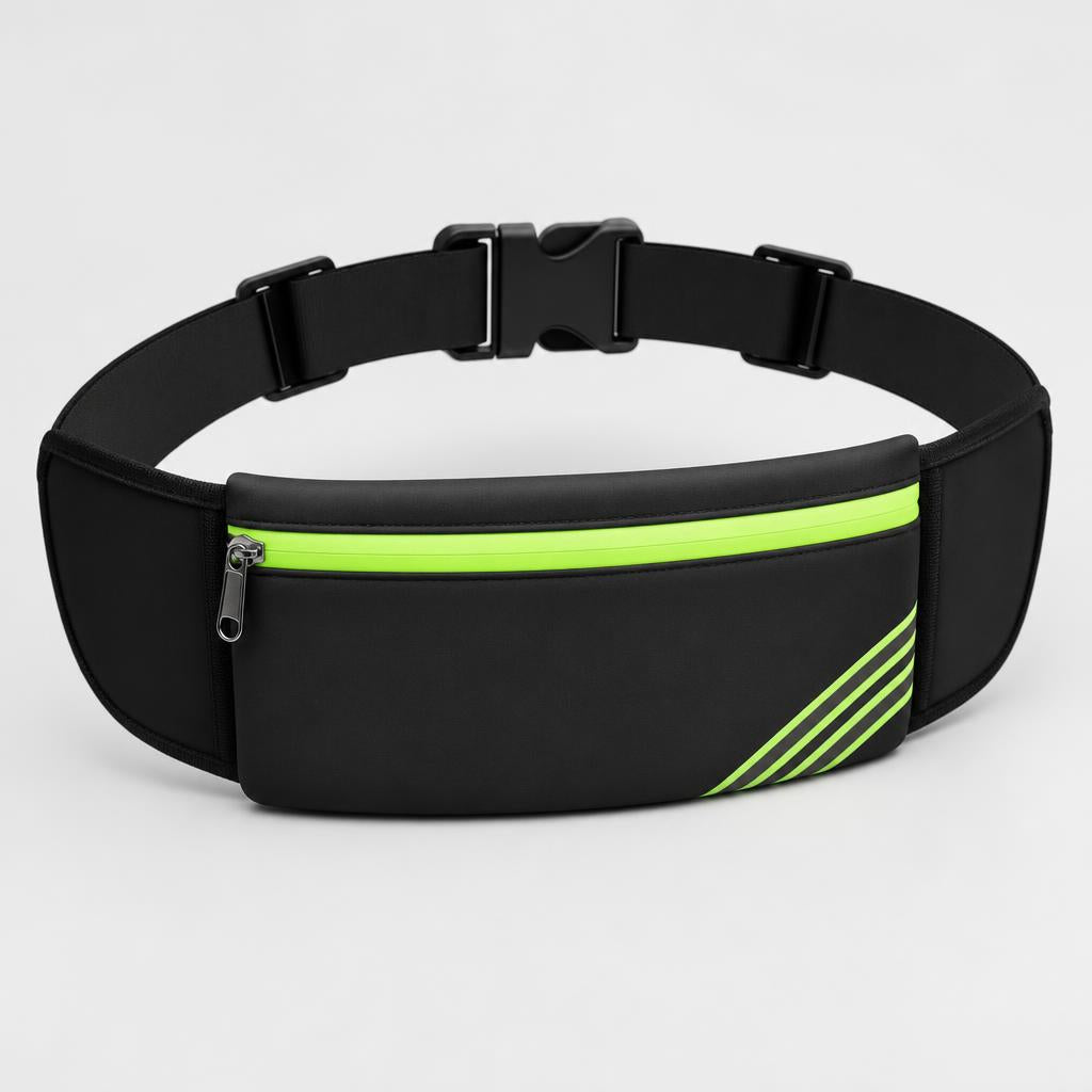 PrimeBuild Bounce-Free Running Belt in black with neon green zipper trim, reflective stripes and buckle strap