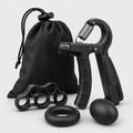 PrimeBuild 5-in-1 Grip Strength Kit in black: adjustable gripper, finger stretcher, grip ring, stress ball and drawstring bag