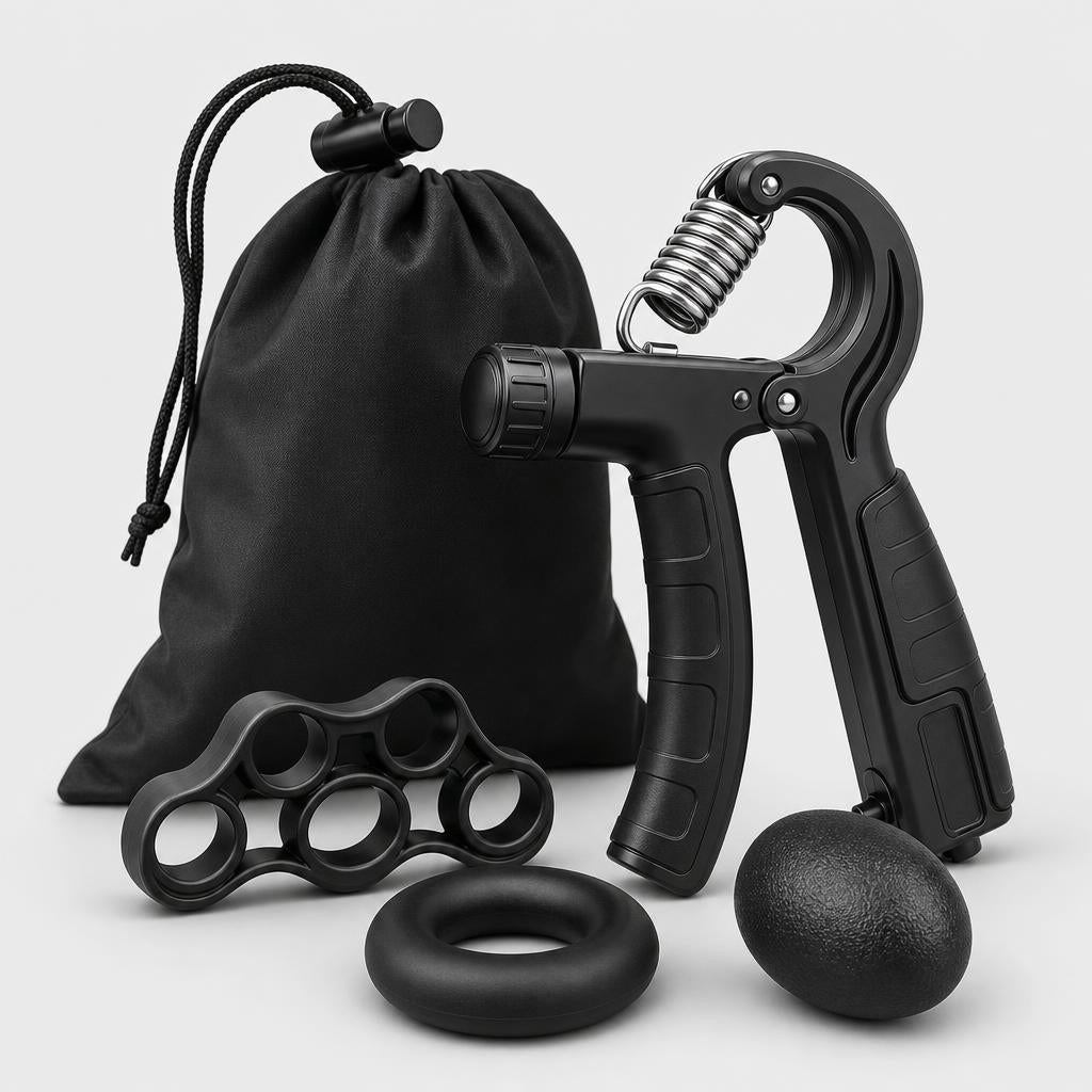 PrimeBuild 5-in-1 Grip Strength Kit in black: adjustable gripper, finger stretcher, grip ring, stress ball and drawstring bag