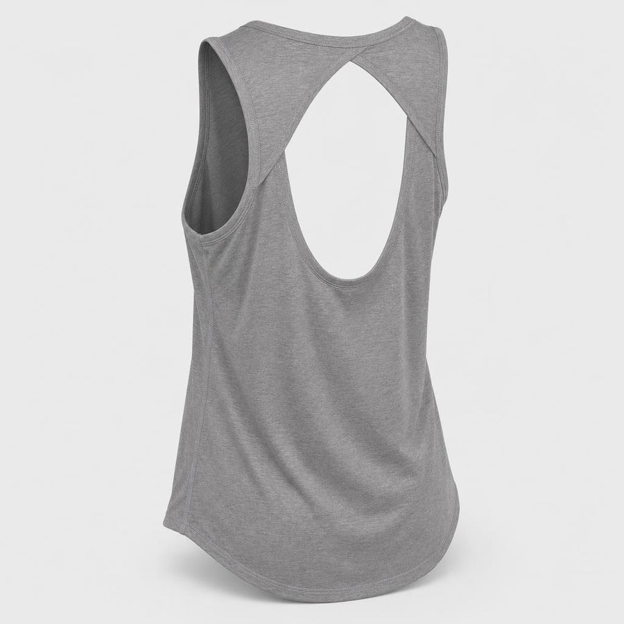 PrimeBuild Women's Open-Back Performance Tank in grey, back view showing the keyhole cut-out, wide armholes and curved hem