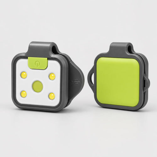 PrimeBuild Clip-On Running Light front and back: white LED face, lime green button and back panel, dark grey body