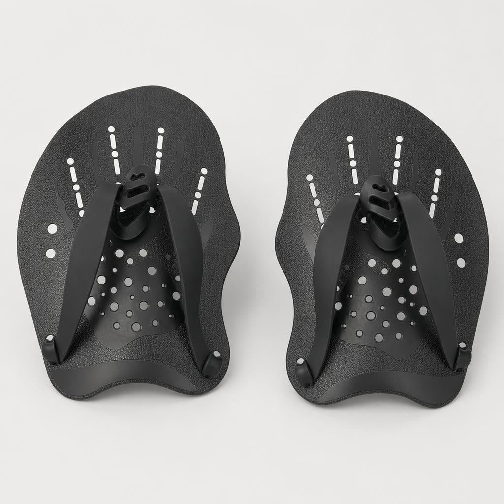 PrimeBuild Swim Hand Paddles in black, top view of the textured blades with drainage holes, finger loops and straps