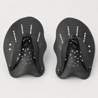 PrimeBuild Swim Hand Paddles in black, top view of the textured blades with drainage holes, finger loops and straps
