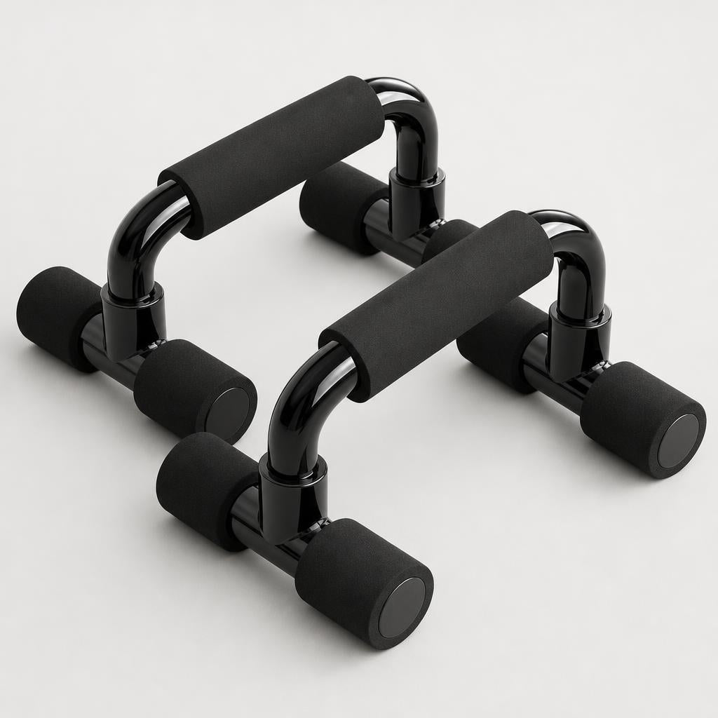 PrimeBuild Push-Up Bars, pair of glossy black U-shaped bars with black foam grips and foam-capped feet on white