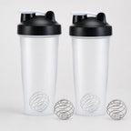 PrimeBuild Protein Shaker Bottle Set: two clear shaker bottles with black lids, white flip caps and wire mixing balls
