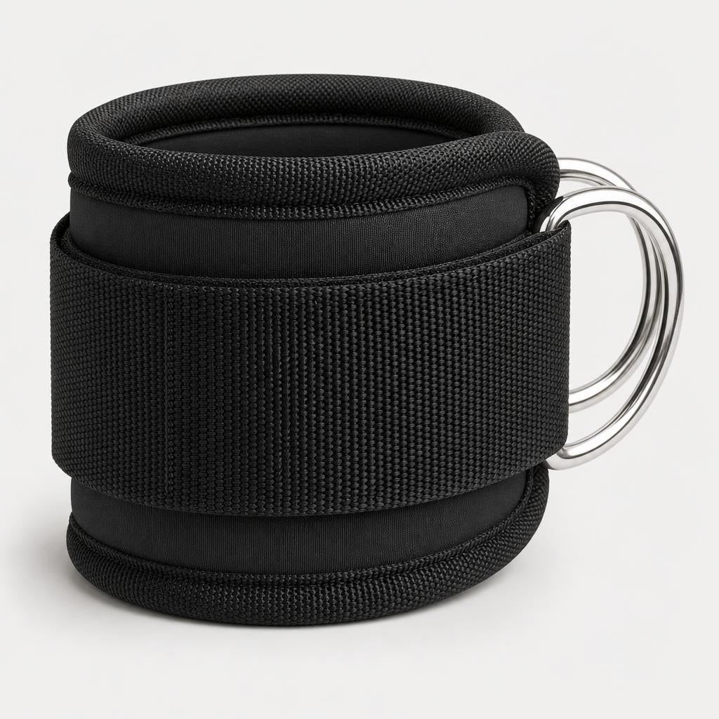 PrimeBuild Cable Machine Ankle Strap in black with padded neoprene cuff, wide nylon strap and double metal D-rings