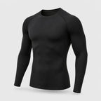 PrimeBuild Men's Long Sleeve Performance Shirt in black, three-quarter view showing crew neck and raglan sleeves