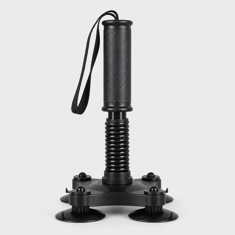 PrimeBuild Arm Wrestling Wrist Trainer in black with textured handle, wrist strap, spring column and 4 suction cups