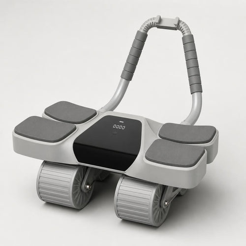 PrimeBuild 4-Wheel Ab Roller in gray with four elbow pads, digital display, foam-grip handle and phone mount