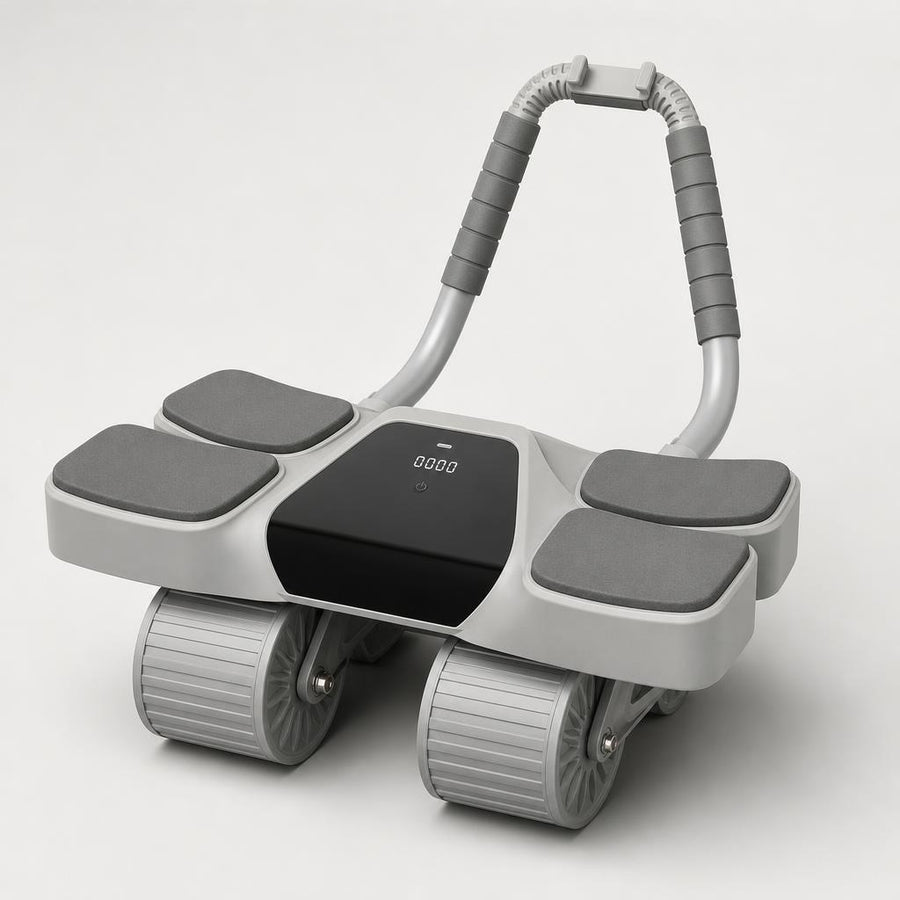 PrimeBuild 4-Wheel Ab Roller in gray with four elbow pads, digital display, foam-grip handle and phone mount