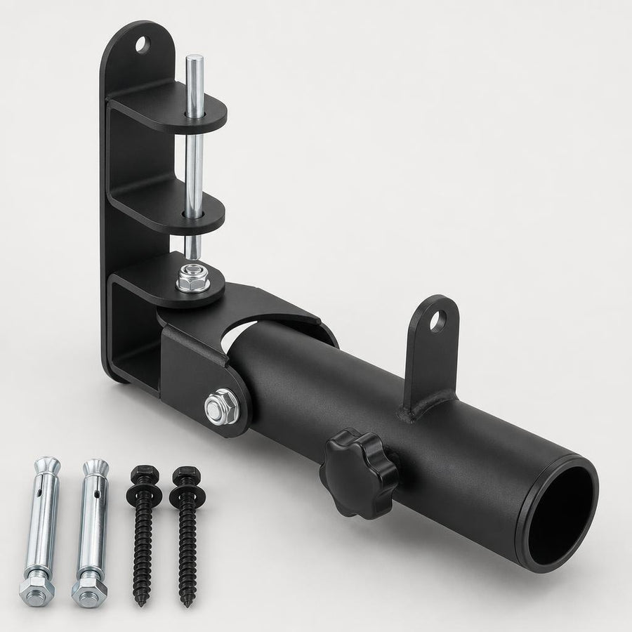 PrimeBuild Wall-Mounted Landmine Attachment in black with star knob, 2 expansion bolts and 2 lag screws on white