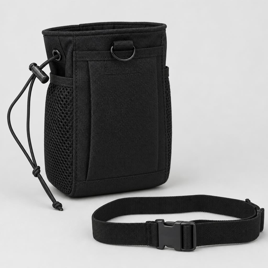 PrimeBuild Chalk Bag in black with drawstring cord lock, mesh side pocket and D-ring, next to its quick-release belt