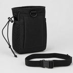 PrimeBuild Chalk Bag in black with drawstring cord lock, mesh side pocket and D-ring, next to its quick-release belt