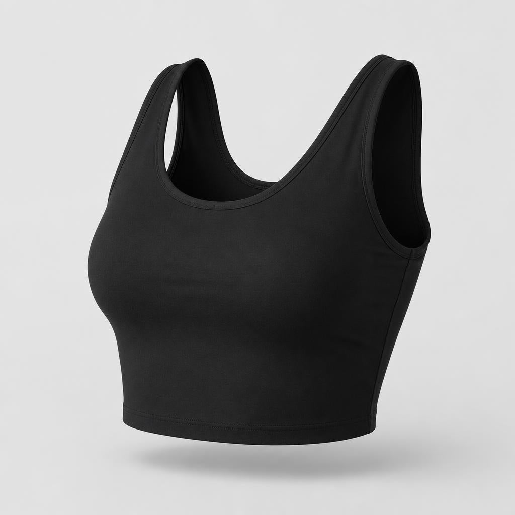 PrimeBuild Women's Tank Sports Bra in black, cropped scoop-neck tank with wide straps, front angle view