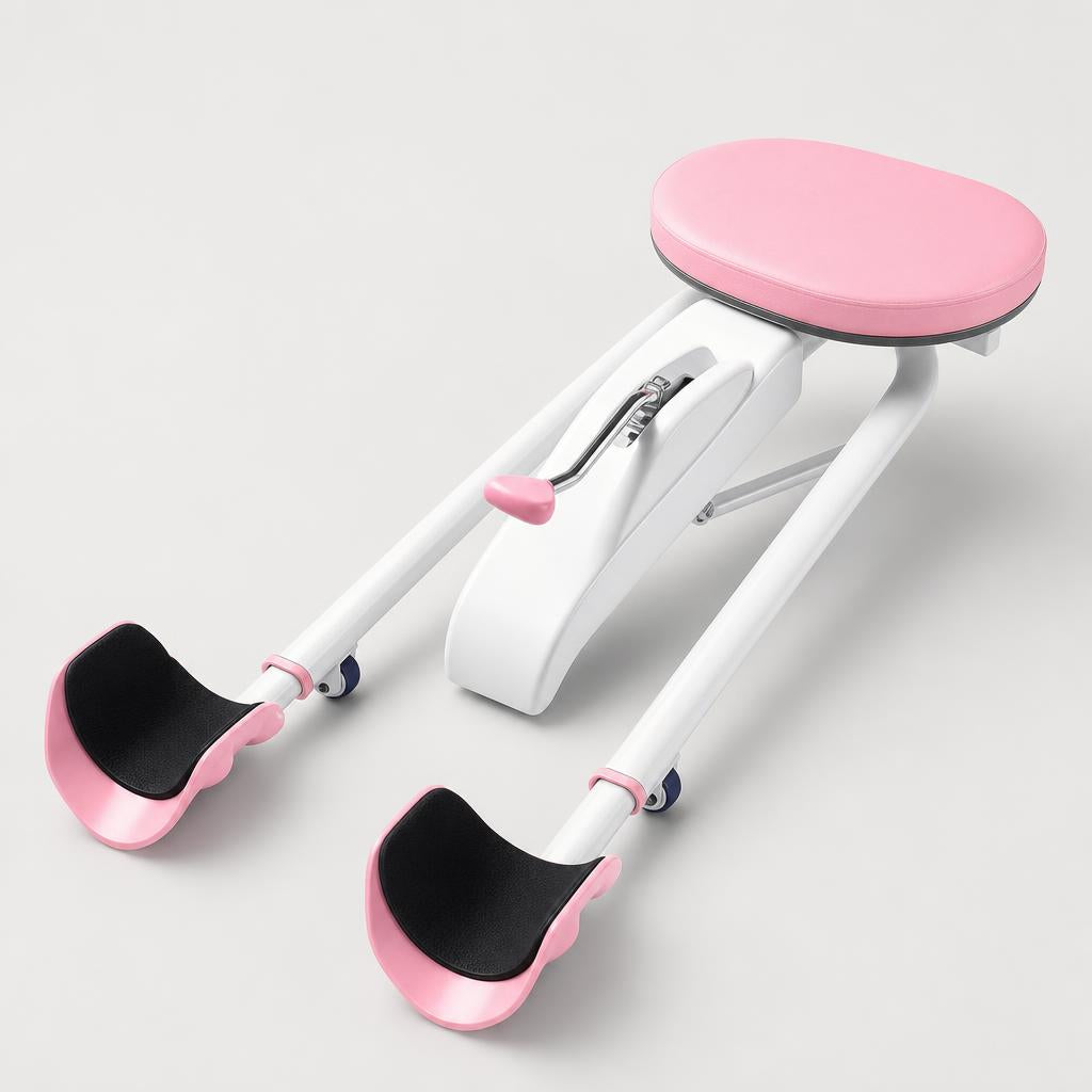 PrimeBuild Adjustable Split Stretch Machine in pink and white with padded oval seat, lever and pink foot cradles