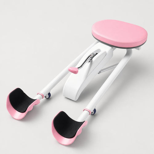 PrimeBuild Adjustable Split Stretch Machine in pink and white with padded oval seat, lever and pink foot cradles