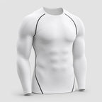 PrimeBuild Men's Long Sleeve Compression Shirt in white with black contrast seam lines, three-quarter front view