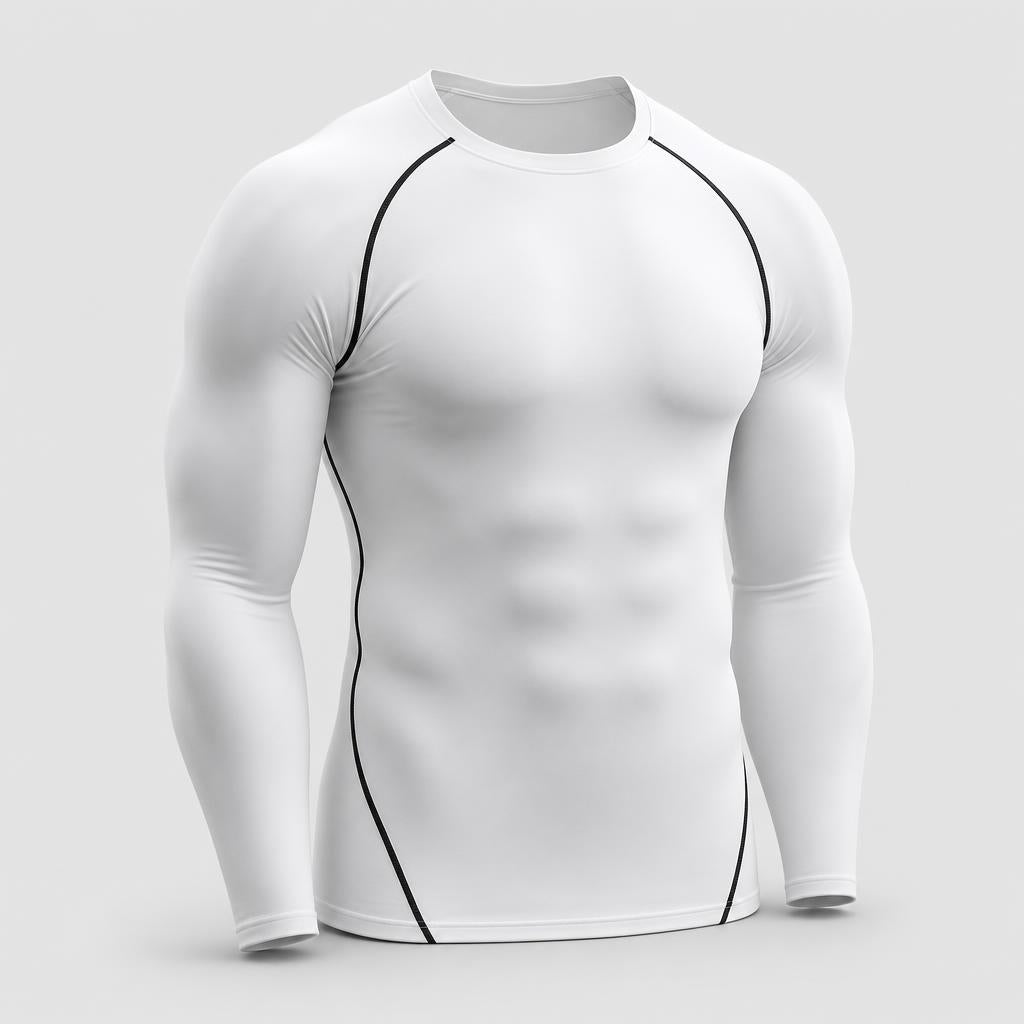 PrimeBuild Men's Long Sleeve Compression Shirt in white with black contrast seam lines, three-quarter front view