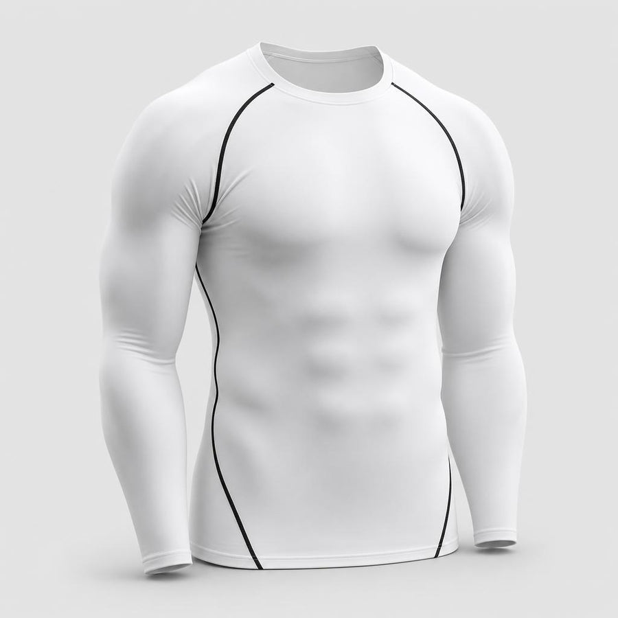 PrimeBuild Men's Long Sleeve Compression Shirt in white with black contrast seam lines, three-quarter front view