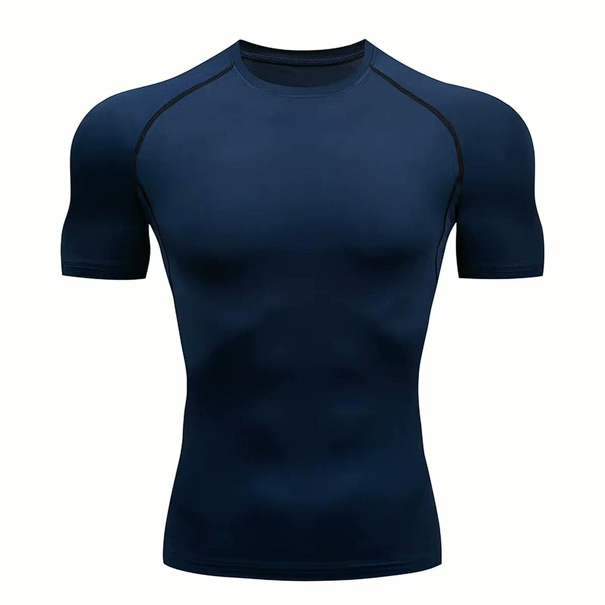 PrimeBuild Men's Compression Training Shirt in Navy Blue, front view with crew neck and short raglan sleeves
