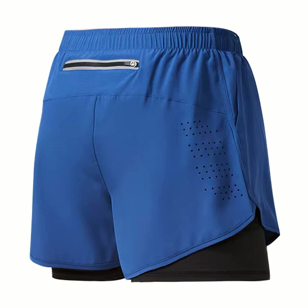 PrimeBuild Men's 2-in-1 Training Shorts in blue with black liner, back view with zip pocket and vent holes