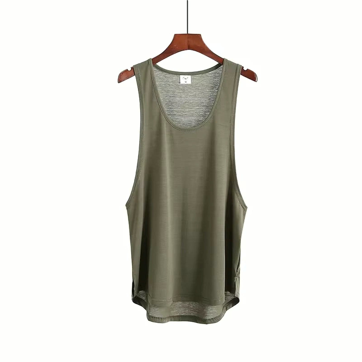 PrimeBuild Men's Stringer Gym Tank in army green with a deep U-neck, on a hanger with dropped armholes