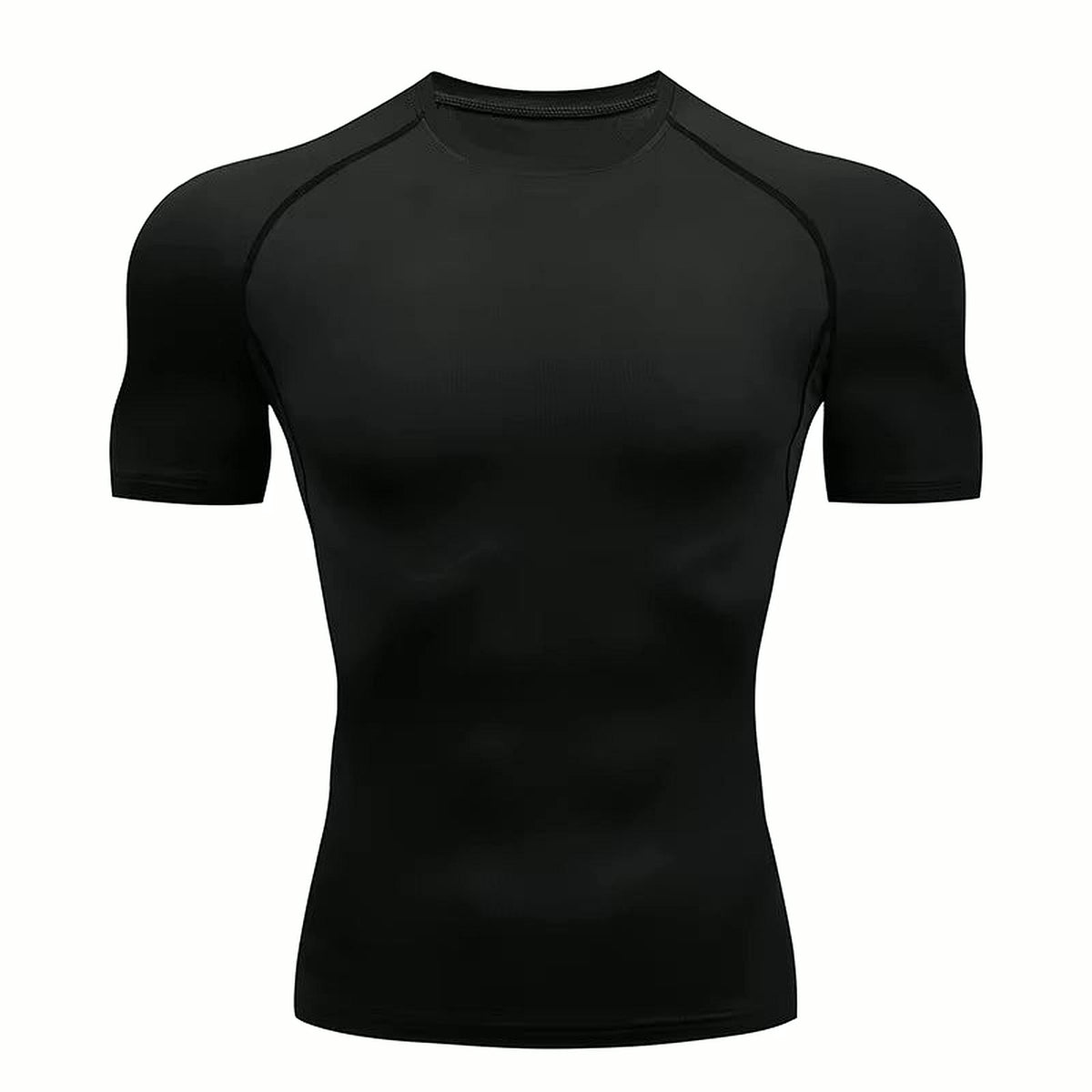 PrimeBuild Men's Compression Training Shirt in Black, front view with crew neck and short raglan sleeves