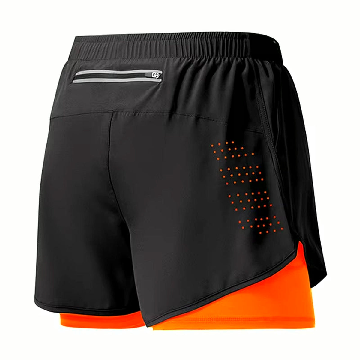 PrimeBuild Men's 2-in-1 Training Shorts, black outer short with orange liner and orange vent-hole accents, back view