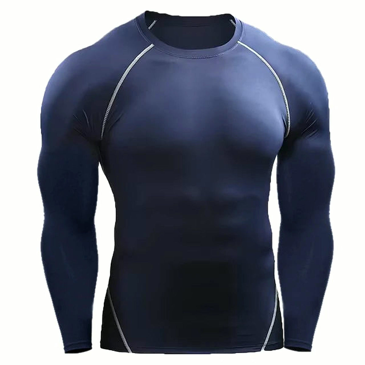 PrimeBuild Men's Long Sleeve Compression Shirt in navy with white contrast seam lines, front view