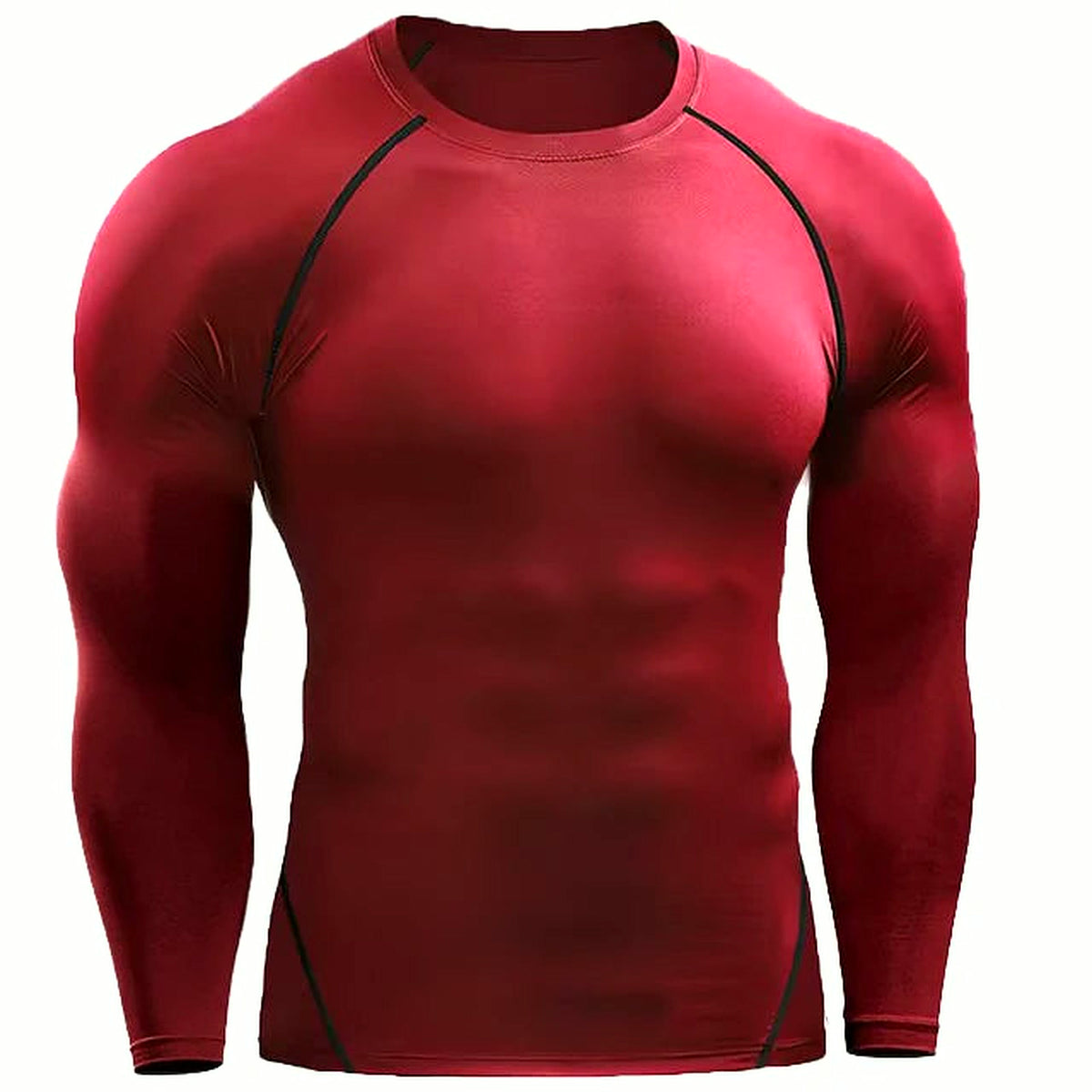 PrimeBuild Men's Long Sleeve Compression Shirt in red with black contrast seam lines, front view